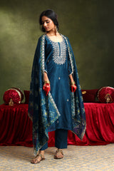 Navy Blue Chanderi Suit Set (with Pants and Dupatta)