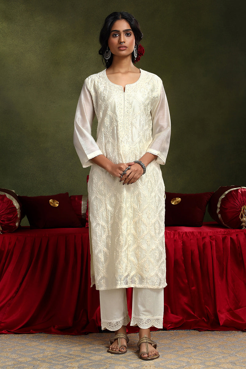 Cream Chanderi Sraight Fit Suit Set (with Pants and Dupatta)