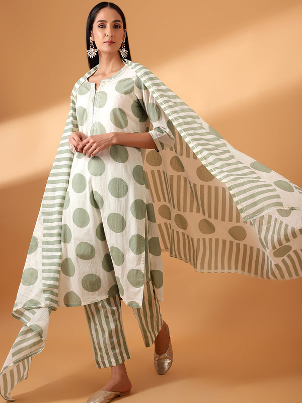 Off White Polka Dot Cotton Suit Set (With Pants and Dupatta)