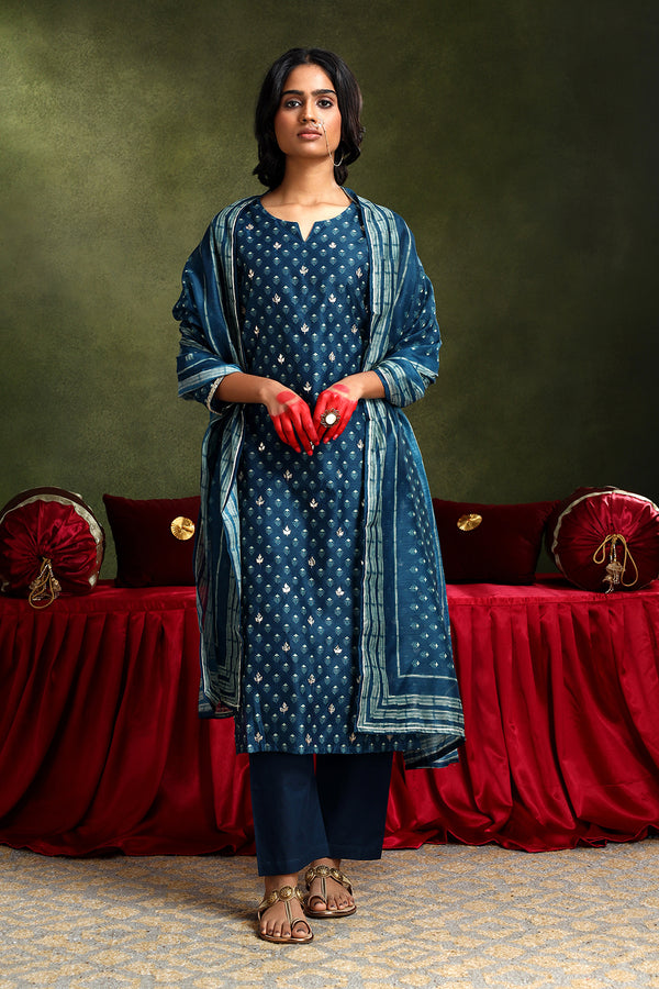 Blue Chanderi Suit Set (with Pants and Dupatta)