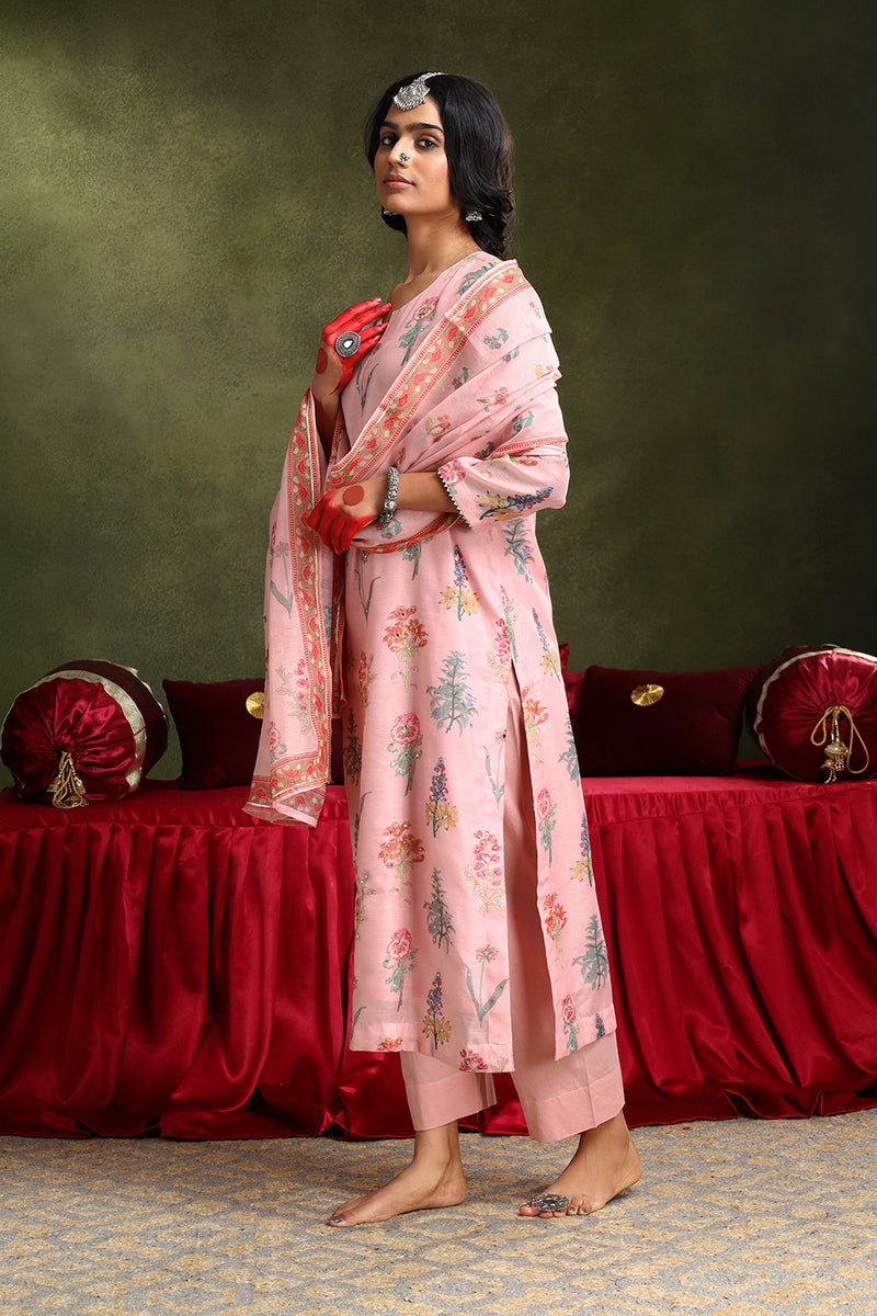 Floral Pink Chanderi Suit Set (with Pants and Dupatta)