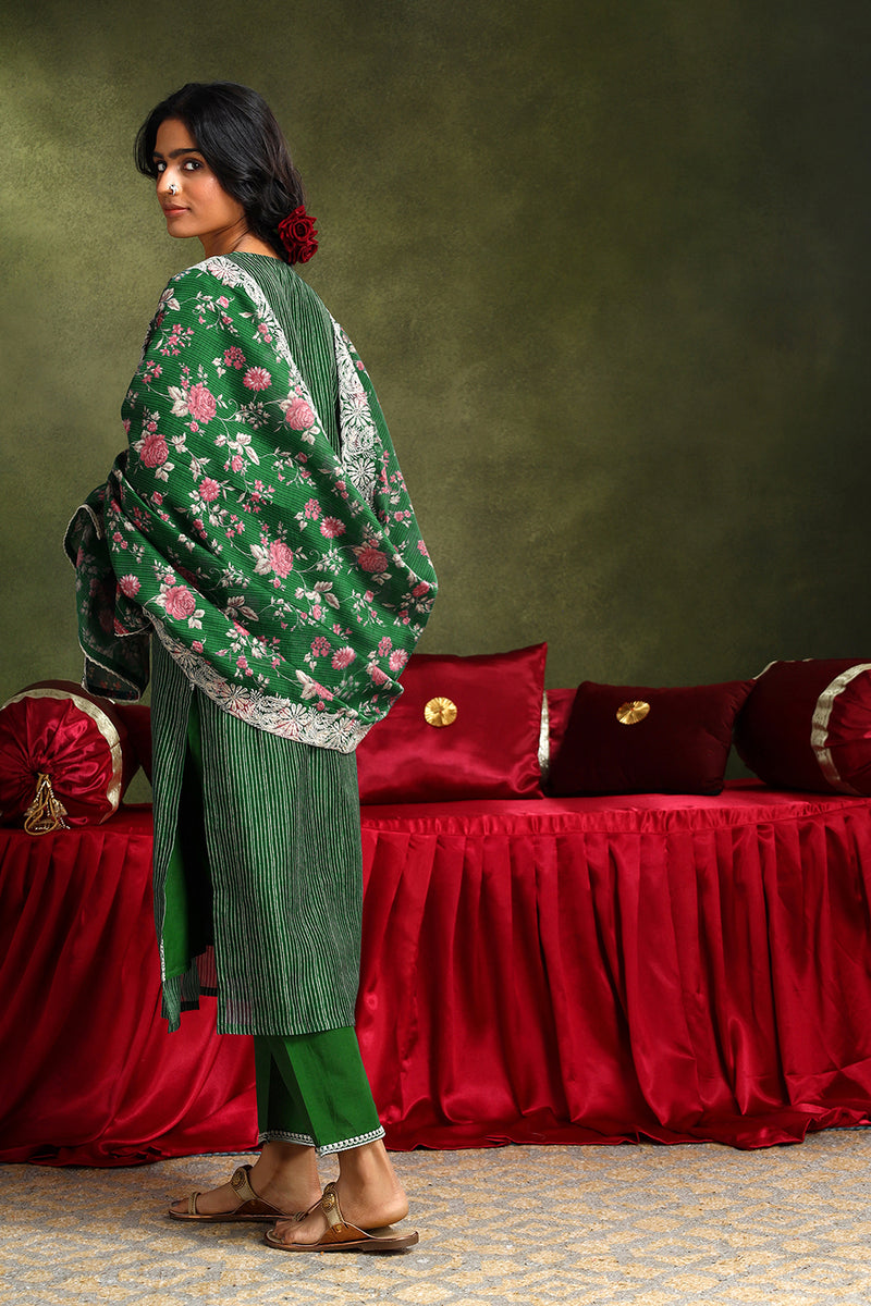 Floral Green Chanderi Kurta set (With Pant & Dupatta)