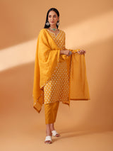 Mustard Hand Block Printed Cotton Suit Set (With Pants and Dupatta)