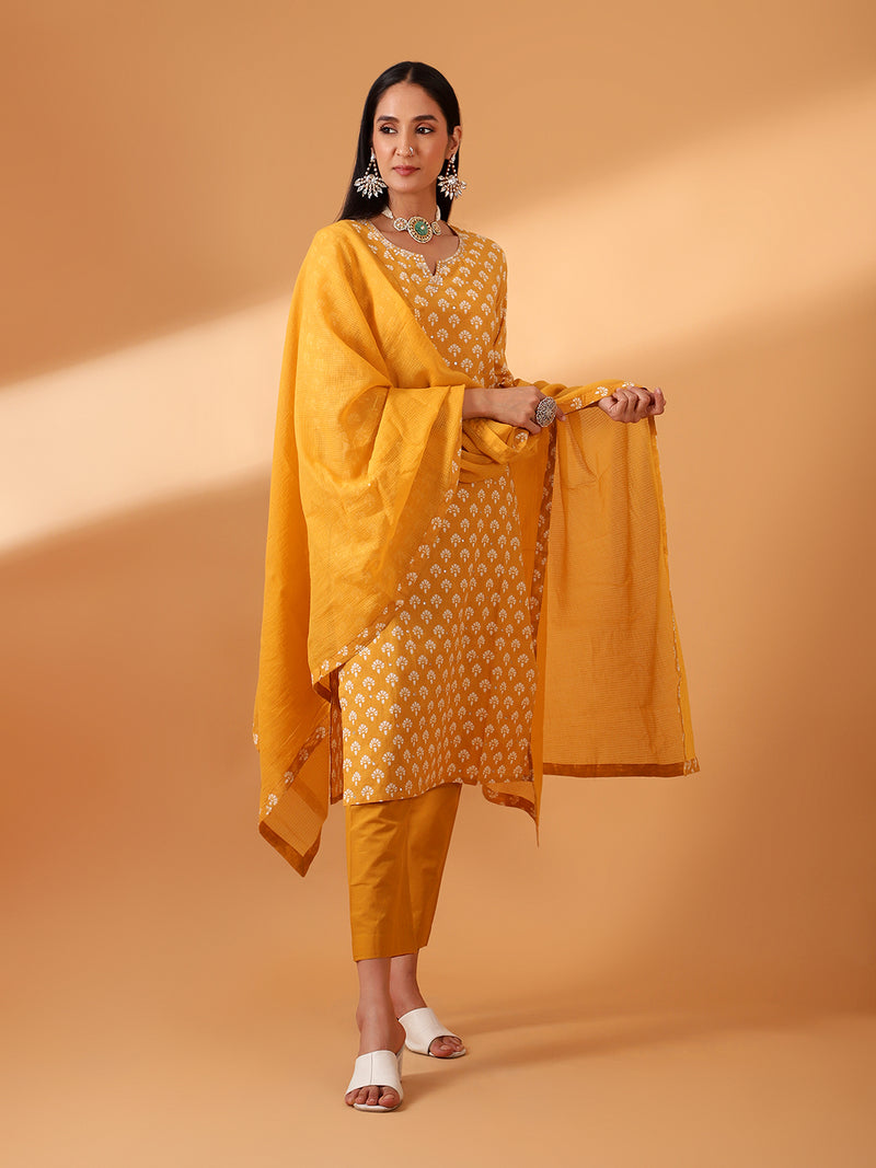 Mustard Hand Block Printed Cotton Suit Set (With Pants and Dupatta)