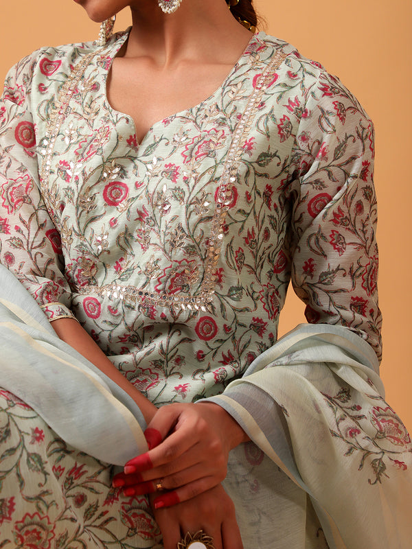 Mint Green Printed Chanderi Suit Set (With Pants and Dupatta)