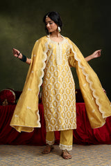 Yellow Chanderi Straight Fit Suit Set (with Pants and Dupatta)