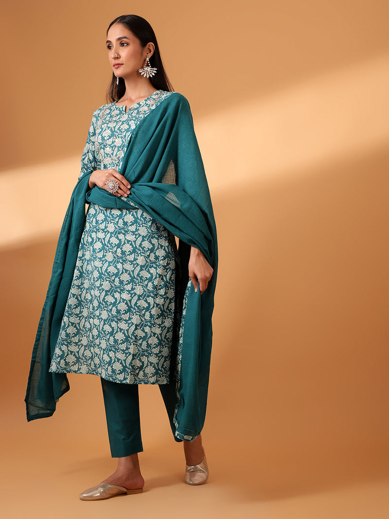 Teal Hand Block Printed Straight fit Cotton Kurta set (With Pants and Dupatta)