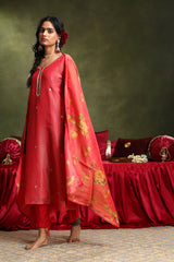 Pure Crushed Tissue Suit Set In Red Color (With Pants And Dupatta)