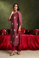 Floral Wine Chanderi Kurta set (With Pant & Dupatta)