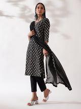 Black Hand Block Printed Cotton Suit Set (With Pants and Dupatta)