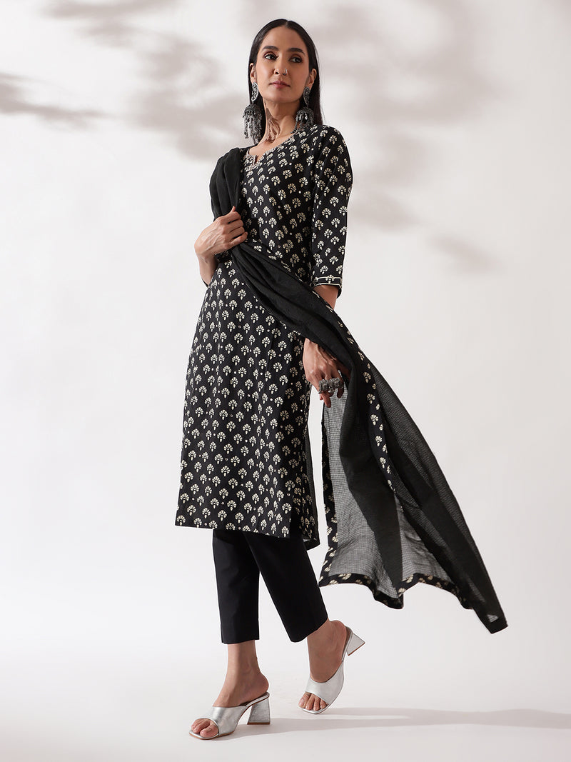 Black Hand Block Printed Cotton Suit Set (With Pants and Dupatta)