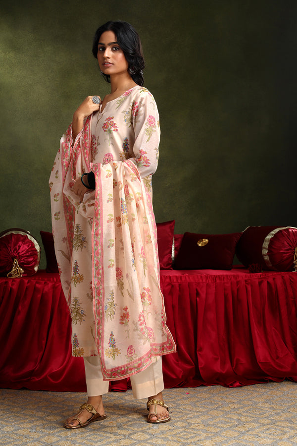 Floral Peach Chanderi Suit Set (with Pants and Dupatta)