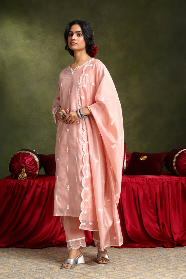 Pastel Pink Chanderi Suit Set (with Pants and Dupatta)