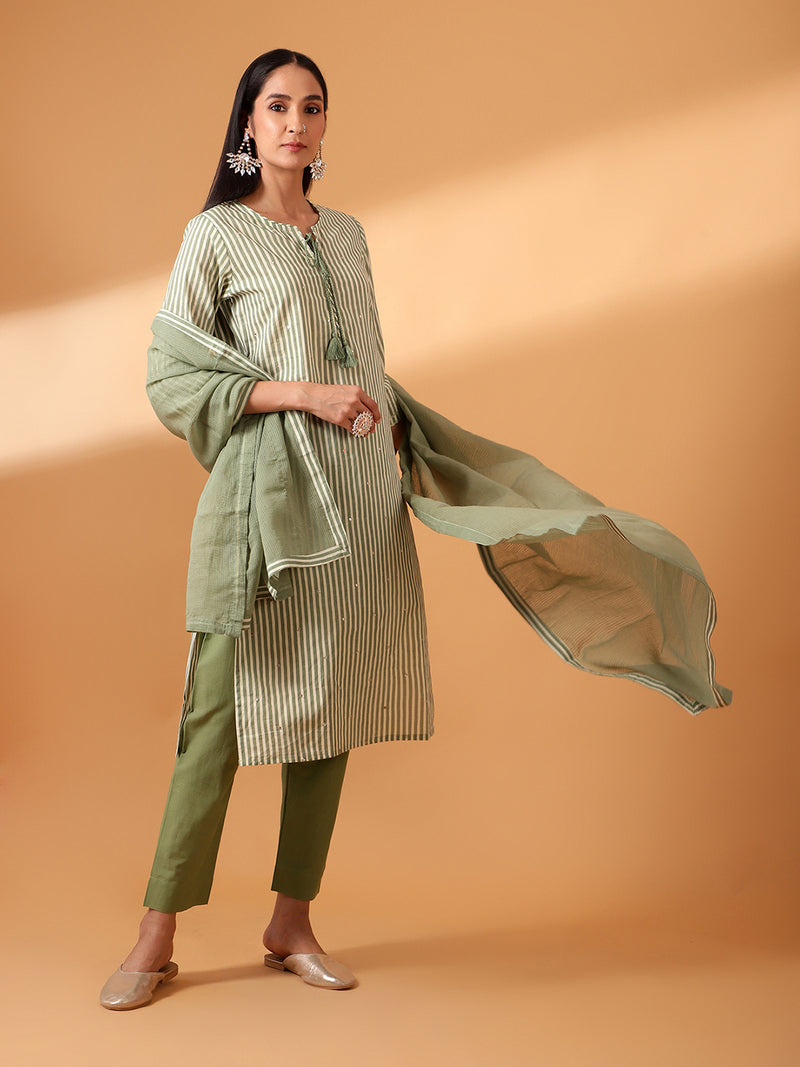 Green Digital Striped Cotton Suit Set (with Pants and Dupatta)