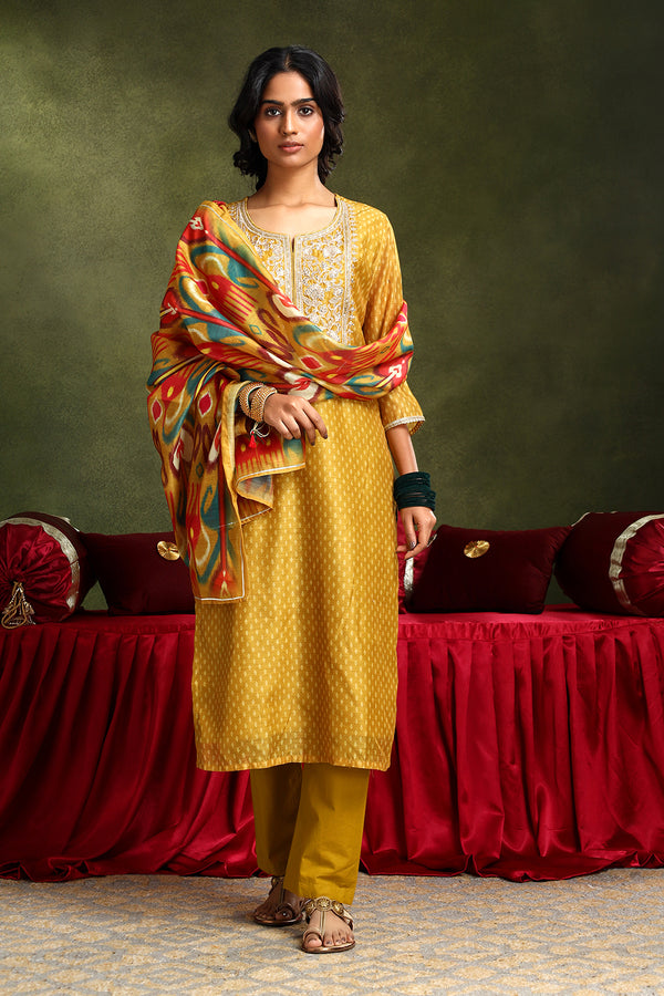 Mustard Chanderi Suit Set (with Pants and Dupatta)