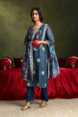 Floral Blue Chanderi Kurta set (With Pant & Dupatta)