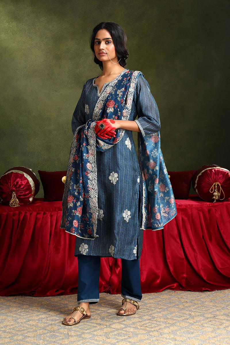 Floral Blue Chanderi Kurta set (With Pant & Dupatta)