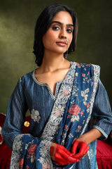 Floral Blue Chanderi Kurta set (With Pant & Dupatta)