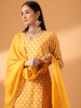 Mustard Hand Block Printed Cotton Suit Set (With Pants and Dupatta)