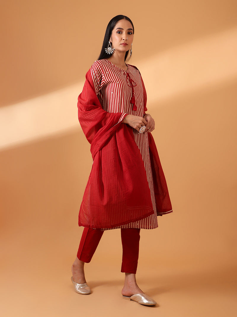 Maroon Digital Striped Cotton Suit Set (with Pants and Dupatta)