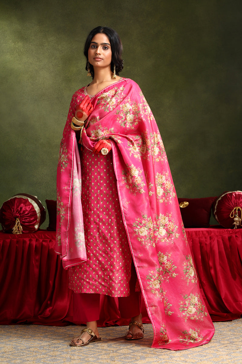 Pink Chanderi Suit Set (with Pants and Dupatta)