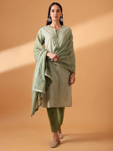 Green Digital Striped Cotton Suit Set (with Pants and Dupatta)