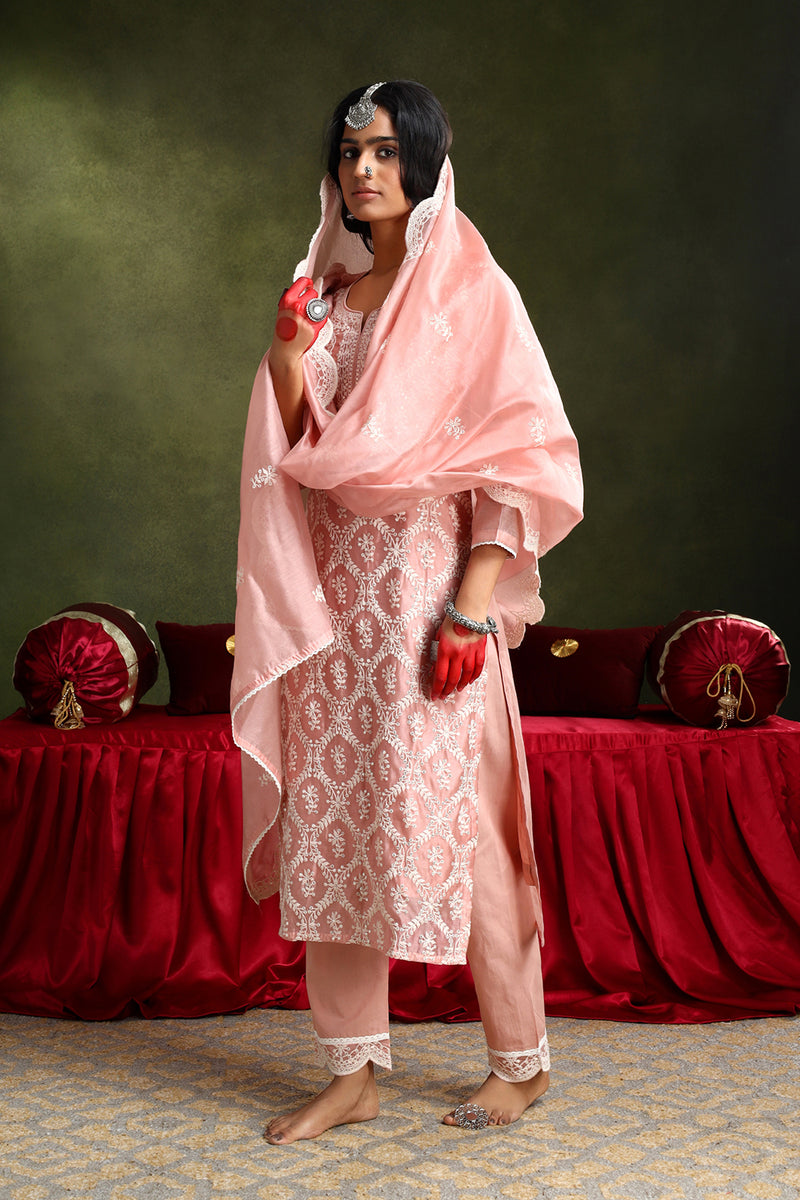 Pastel Pink Chanderi Sraight Fit Suit Set (with Pants and Dupatta)