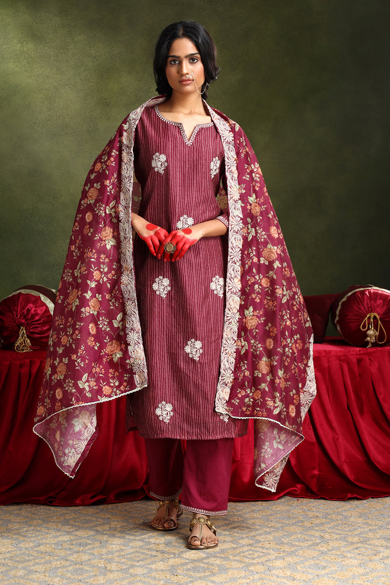 Floral Wine Chanderi Kurta set (With Pant & Dupatta)