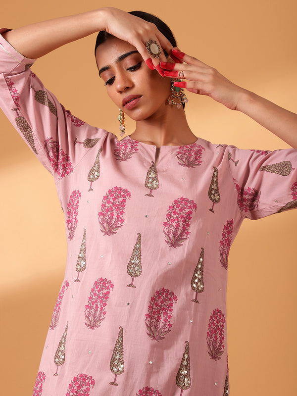 Powder Pink Hand Block Printed Cotton Suit Set (With Pants and Dupatta)