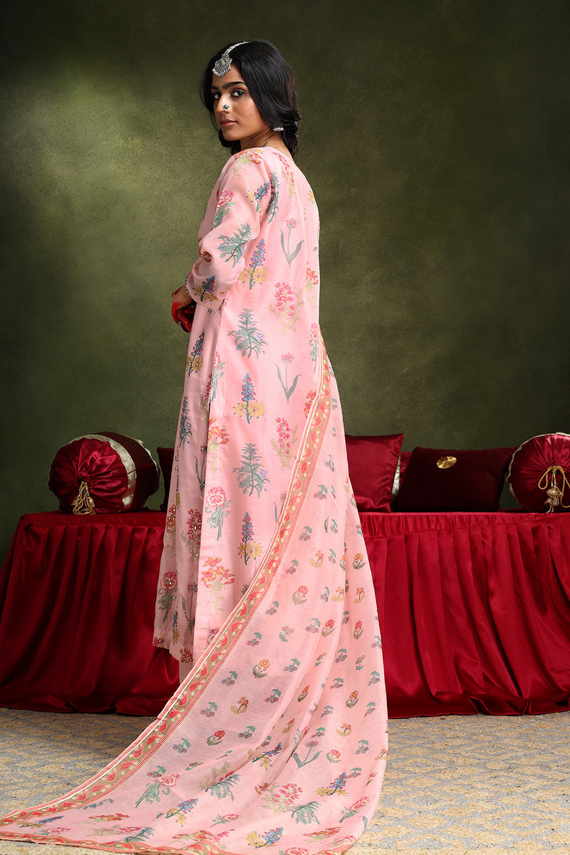 Floral Pink Chanderi Suit Set (with Pants and Dupatta)