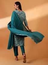 Teal Hand Block Printed Straight fit Cotton Kurta set (With Pants and Dupatta)