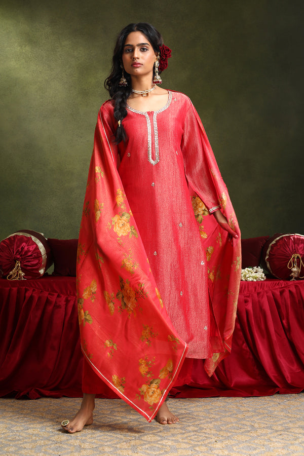 Pure Crushed Tissue Suit Set In Red Color (With Pants And Dupatta)