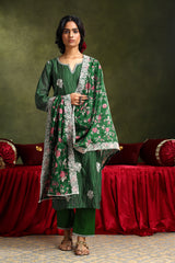 Floral Green Chanderi Kurta set (With Pant & Dupatta)