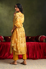 Floral Mustard Chanderi Suit Set (with Pants and Dupatta)