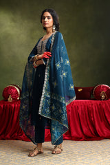 Navy Blue Chanderi Suit Set (with Pants and Dupatta)