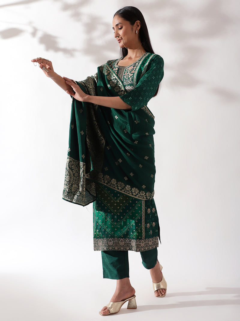 Green Dola Jacquard Suit Set (with Pants and Dupatta)