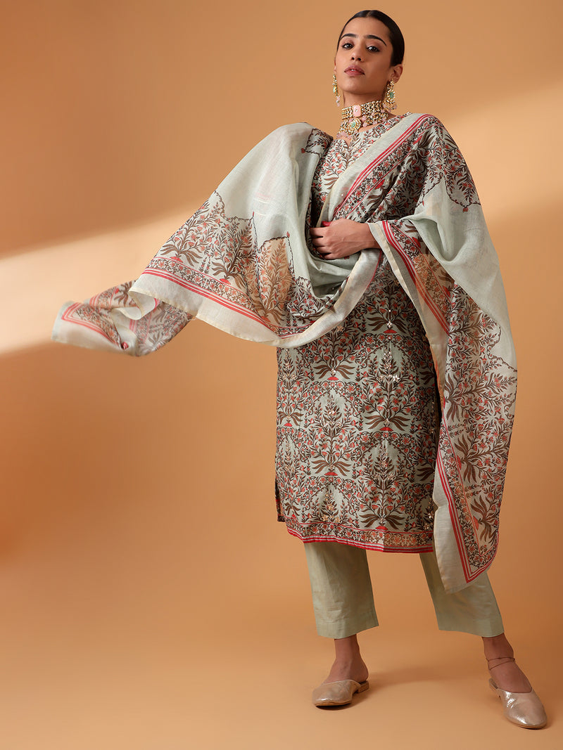 Mint Green Block Printed Chanderi Suit Set (With Pants and Dupatta)