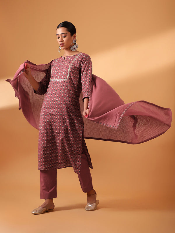 Maroon Hand Block Printed Cotton Kurta Set (with Pants and Dupatta)