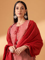 Maroon Digital Striped Cotton Suit Set (with Pants and Dupatta)