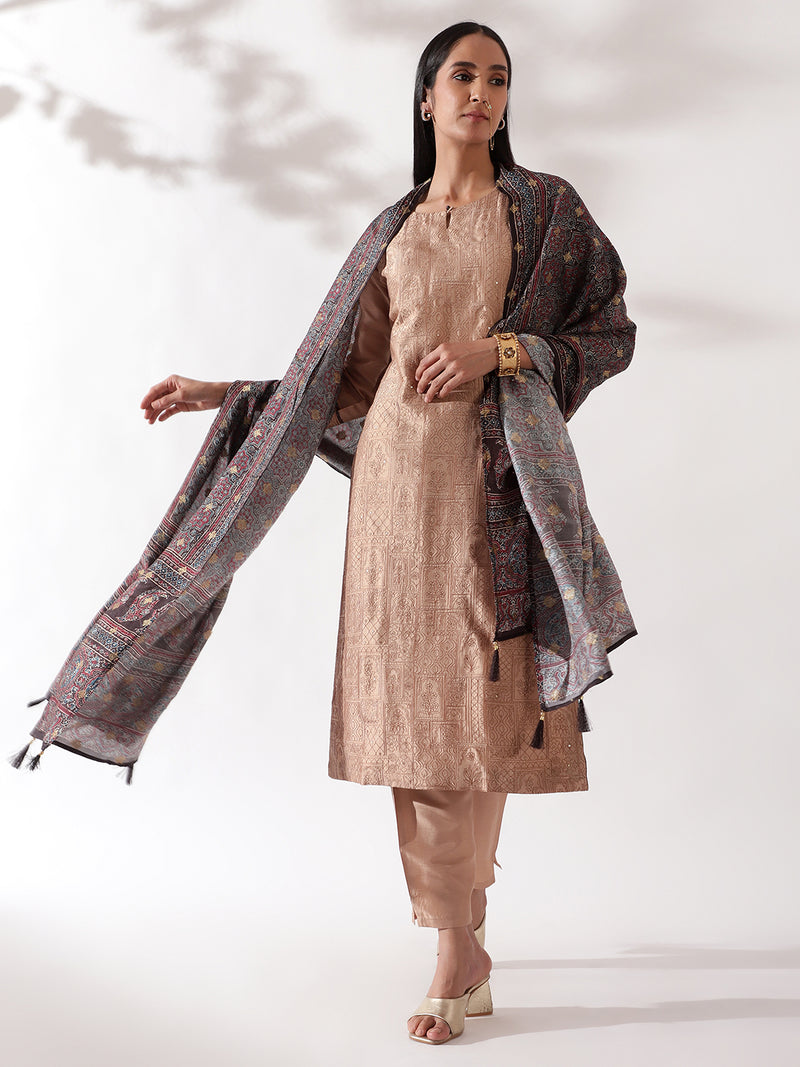 Beige Chanderi Suit Set (with Pants and Dupatta)