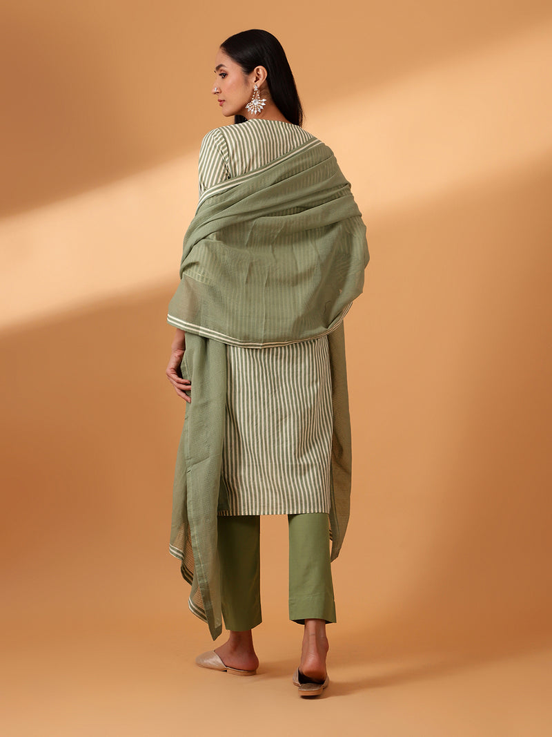 Green Digital Striped Cotton Suit Set (with Pants and Dupatta)