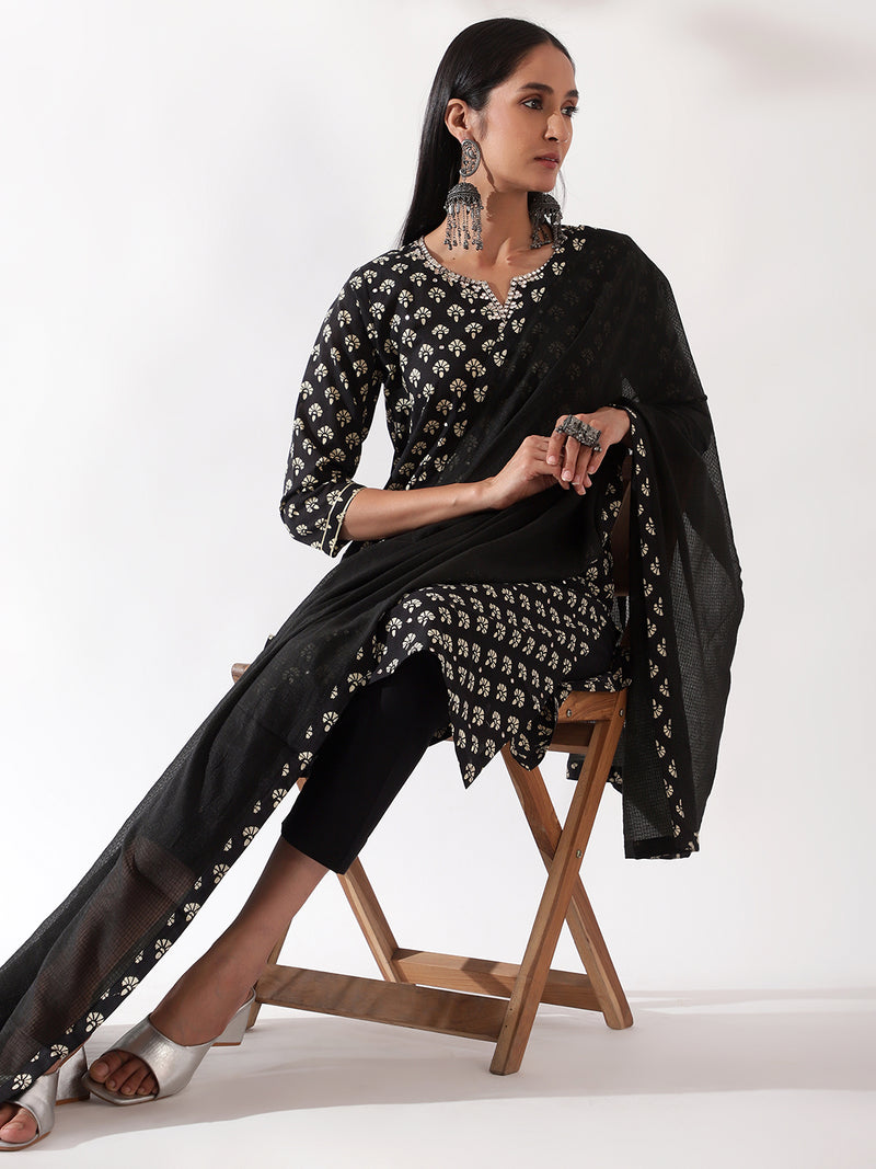 Black Hand Block Printed Cotton Suit Set (With Pants and Dupatta)