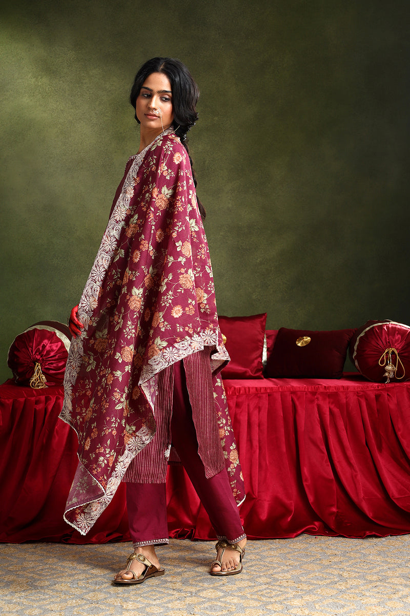 Floral Wine Chanderi Kurta set (With Pant & Dupatta)