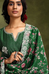 Floral Green Chanderi Kurta set (With Pant & Dupatta)