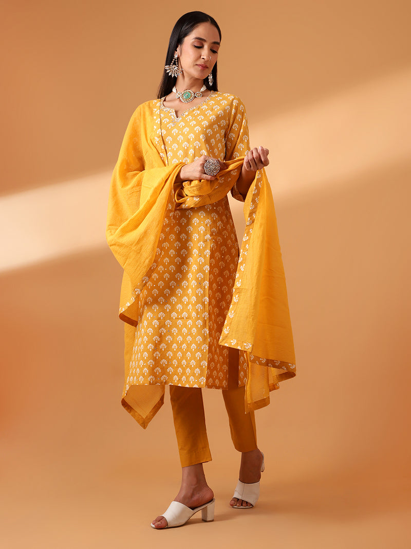 Mustard Hand Block Printed Cotton Suit Set (With Pants and Dupatta)