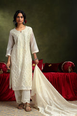 Cream Chanderi Sraight Fit Suit Set (with Pants and Dupatta)