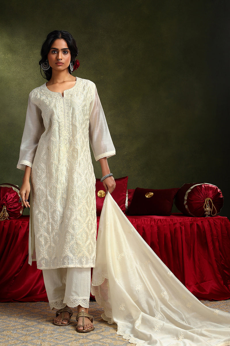 Cream Chanderi Sraight Fit Suit Set (with Pants and Dupatta)