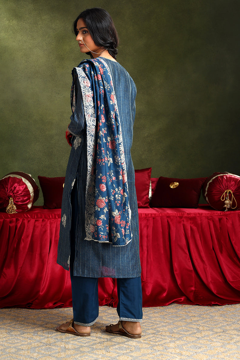 Floral Blue Chanderi Kurta set (With Pant & Dupatta)