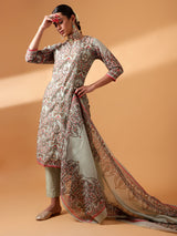 Mint Green Block Printed Chanderi Suit Set (With Pants and Dupatta)