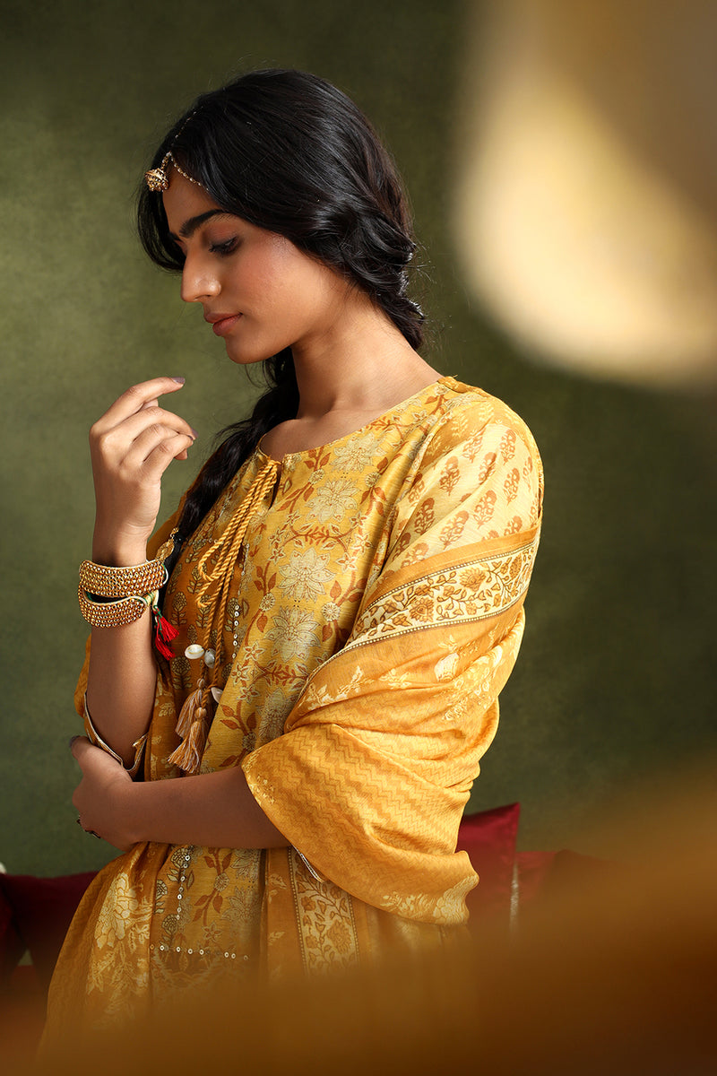 Floral Mustard Chanderi Suit Set (with Pants and Dupatta)